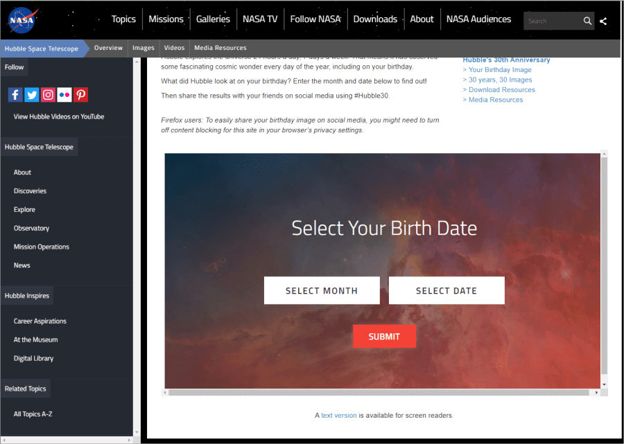 NASA公开你生日当天的星空影像