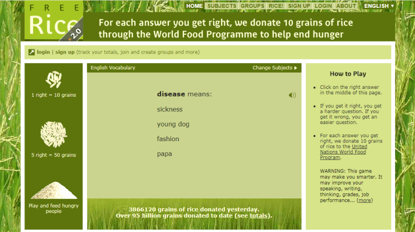 FreeRice：玩答题游戏即可捐大米的公益网站