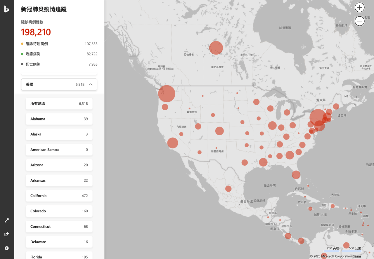 COVID-19 Tracker：微软Bing推出的新冠肺炎疫情可视化追踪平台